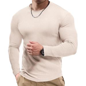 imageJMIERR Mens Fall Crewneck Shirt Long Sleeve AntiWrinkle Casual Muscle T Shirts Workout Slim FittedA Beige