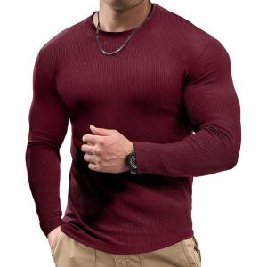 imageJMIERR Mens Fall Crewneck Shirt Long Sleeve AntiWrinkle Casual Muscle T Shirts Workout Slim FittedB Red