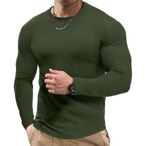 imageJMIERR Mens Fall Crewneck Shirt Long Sleeve AntiWrinkle Casual Muscle T Shirts Workout Slim FittedC Green