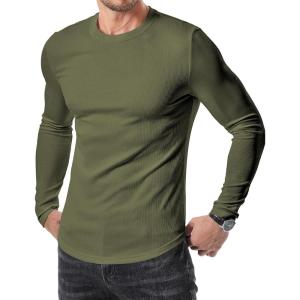 imageJMIERR Mens Fall Crewneck Shirt Long Sleeve AntiWrinkle Casual Muscle T Shirts Longline Ribbed Shirts03 Army Green