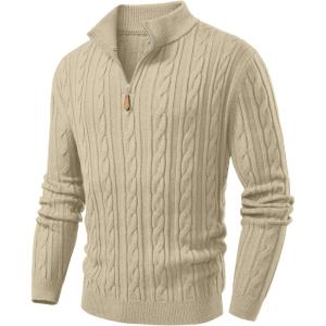 imageJMIERR Mens Quarter Zip Pullover Sweater Cable Knit Casual Stand Collar Texture Knitted SweatersBeige