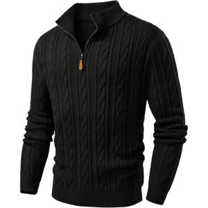 imageJMIERR Mens Quarter Zip Pullover Sweater Cable Knit Casual Stand Collar Texture Knitted SweatersBlack