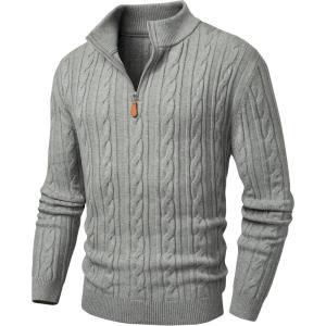 imageJMIERR Mens Quarter Zip Pullover Sweater Cable Knit Casual Stand Collar Texture Knitted SweatersGrey