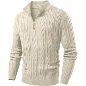 imageJMIERR Mens Quarter Zip Pullover Sweater Cable Knit Casual Stand Collar Texture Knitted SweatersLight Beige