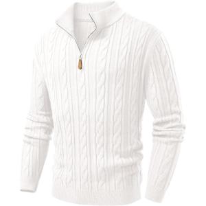 imageJMIERR Mens Quarter Zip Pullover Sweater Cable Knit Casual Stand Collar Texture Knitted SweatersWhite