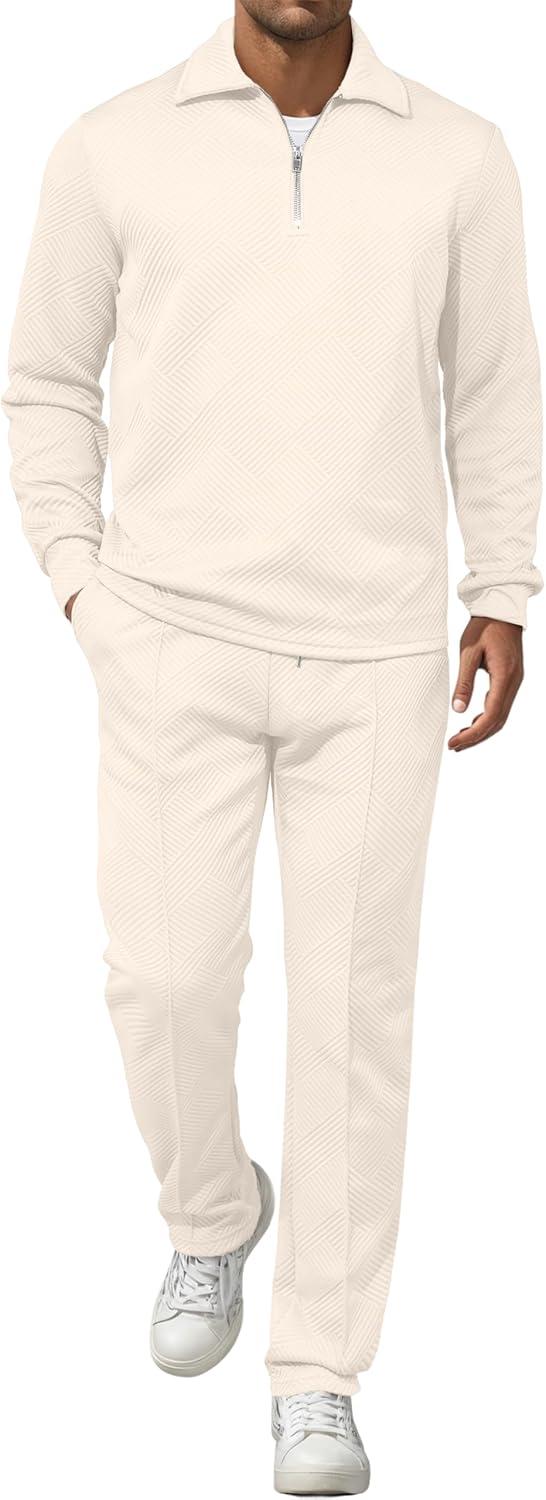imageJMIERR Mens 2 Piece Outfits Quarter Zipper Polo Shirt Tracksuit ampamp Joggers Sweatpants Sweatsuit Sets JacquardApricot