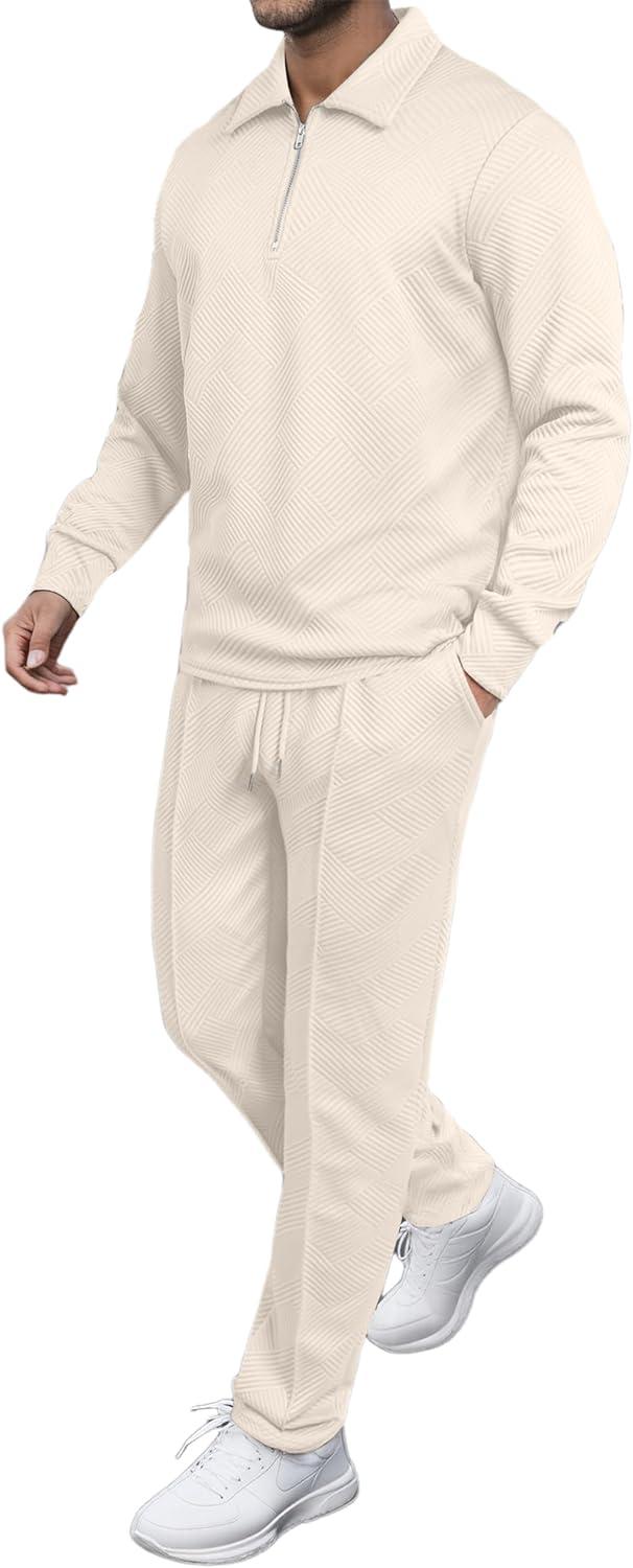 imageJMIERR Mens 2 Piece Outfits Quarter Zipper Polo Shirt Tracksuit ampamp Joggers Sweatpants Sweatsuit Sets JacquardApricot
