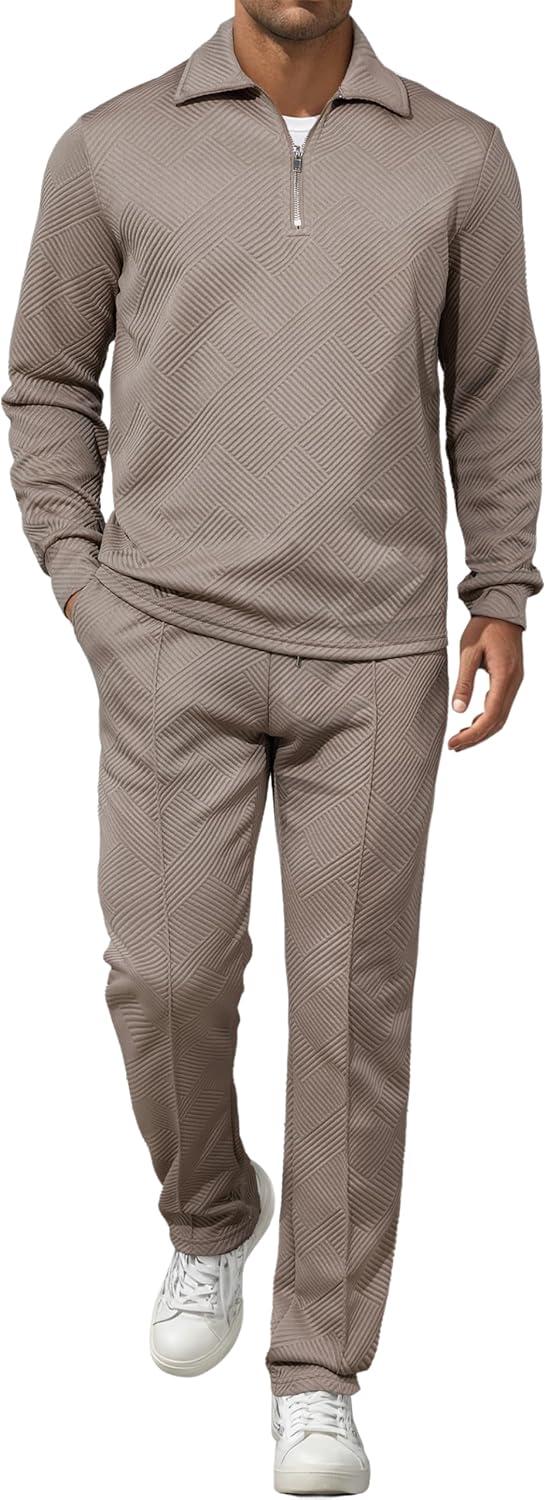 imageJMIERR Mens 2 Piece Outfits Quarter Zipper Polo Shirt Tracksuit ampamp Joggers Sweatpants Sweatsuit Sets JacquardBeige