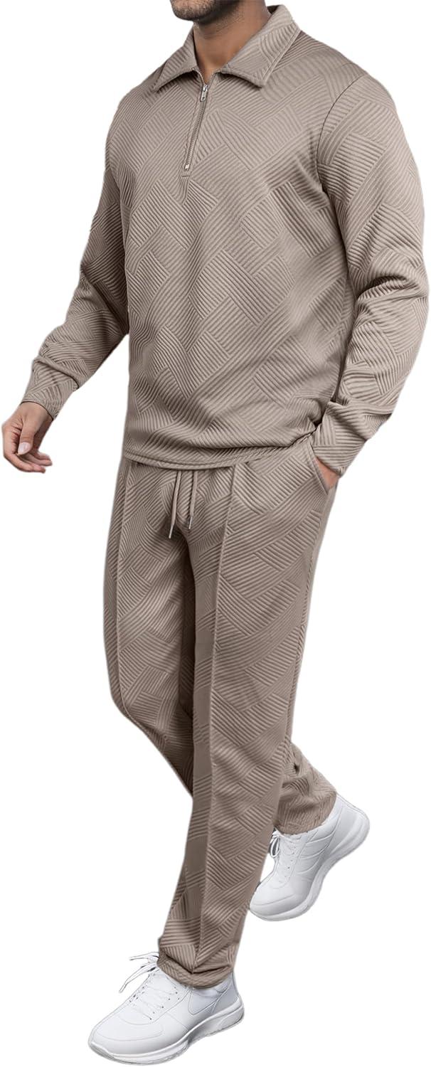 imageJMIERR Mens 2 Piece Outfits Quarter Zipper Polo Shirt Tracksuit ampamp Joggers Sweatpants Sweatsuit Sets JacquardBeige