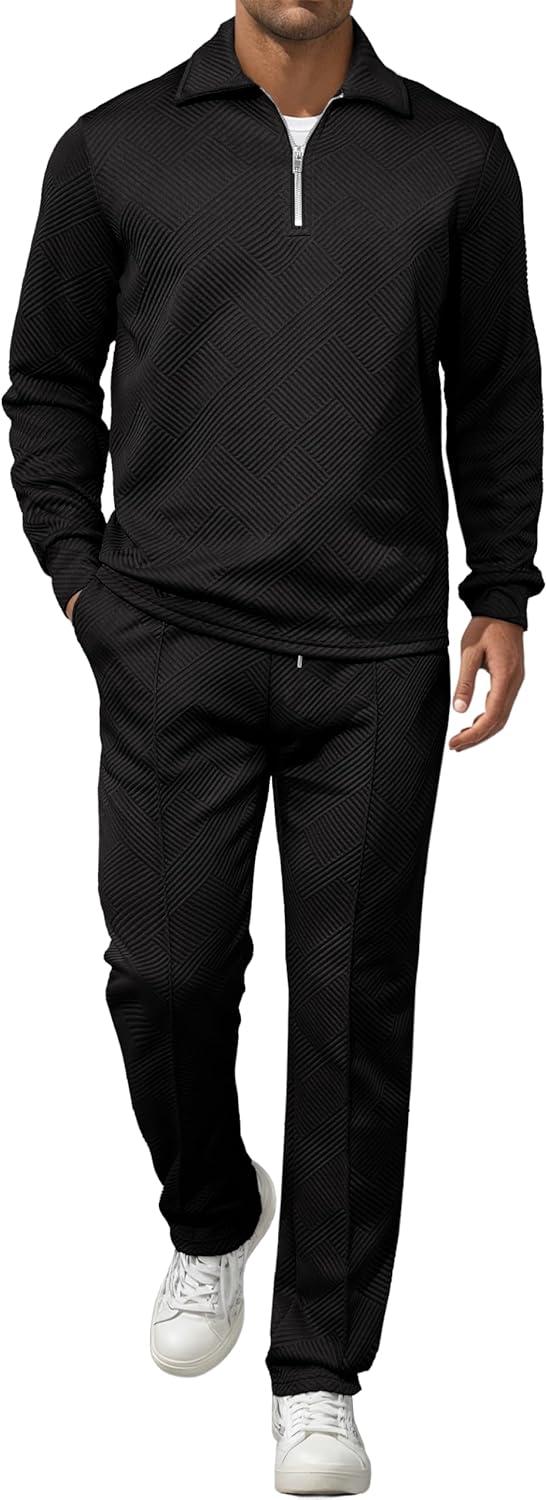 imageJMIERR Mens 2 Piece Outfits Quarter Zipper Polo Shirt Tracksuit ampamp Joggers Sweatpants Sweatsuit Sets JacquardBlack