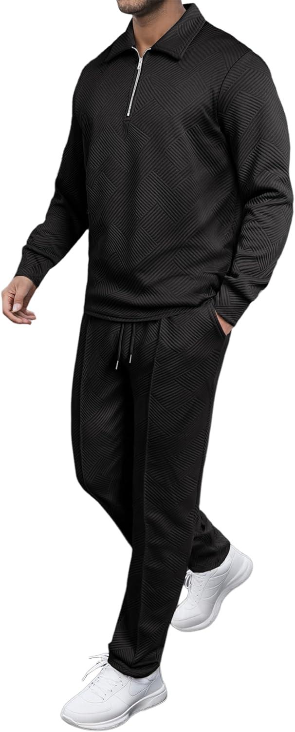 imageJMIERR Mens 2 Piece Outfits Quarter Zipper Polo Shirt Tracksuit ampamp Joggers Sweatpants Sweatsuit Sets JacquardBlack