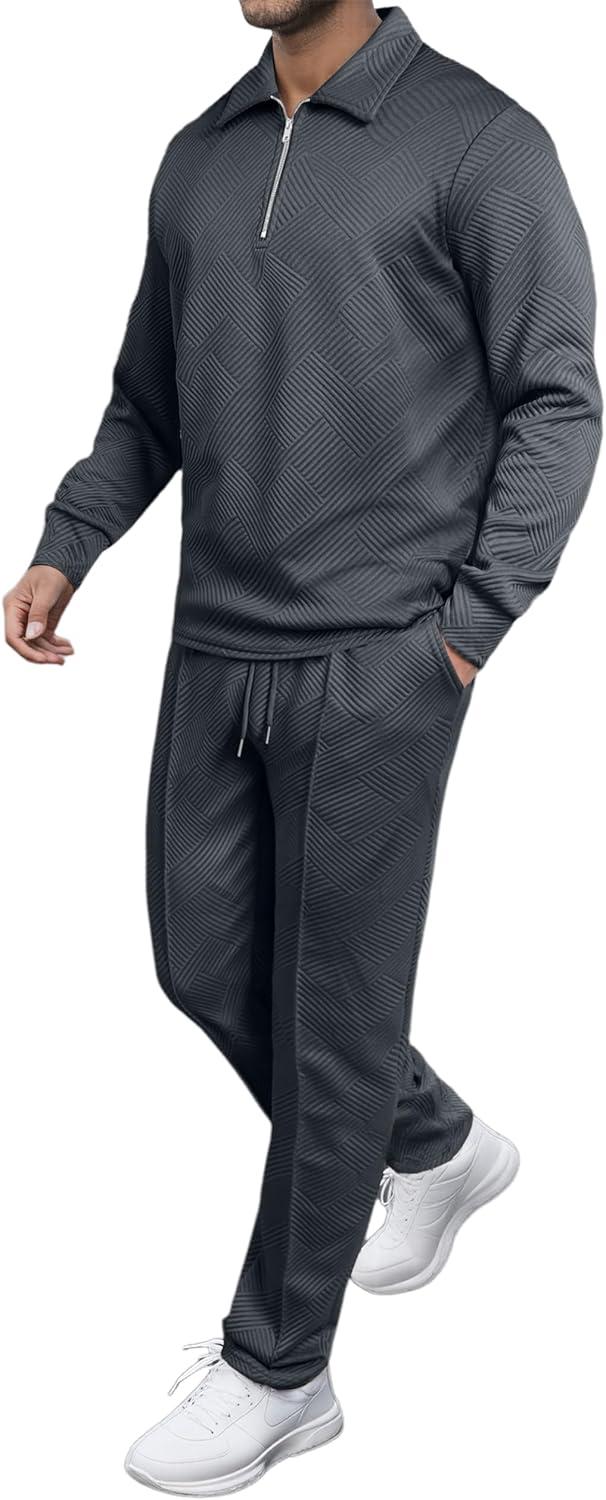 imageJMIERR Mens 2 Piece Outfits Quarter Zipper Polo Shirt Tracksuit ampamp Joggers Sweatpants Sweatsuit Sets JacquardDark Grey