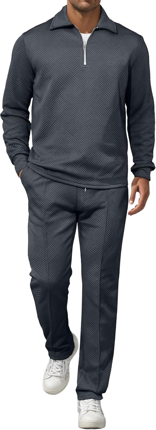 imageJMIERR Mens 2 Piece Outfits Quarter Zipper Polo Shirt Tracksuit ampamp Joggers Sweatpants Sweatsuit Sets JacquardDark Grey