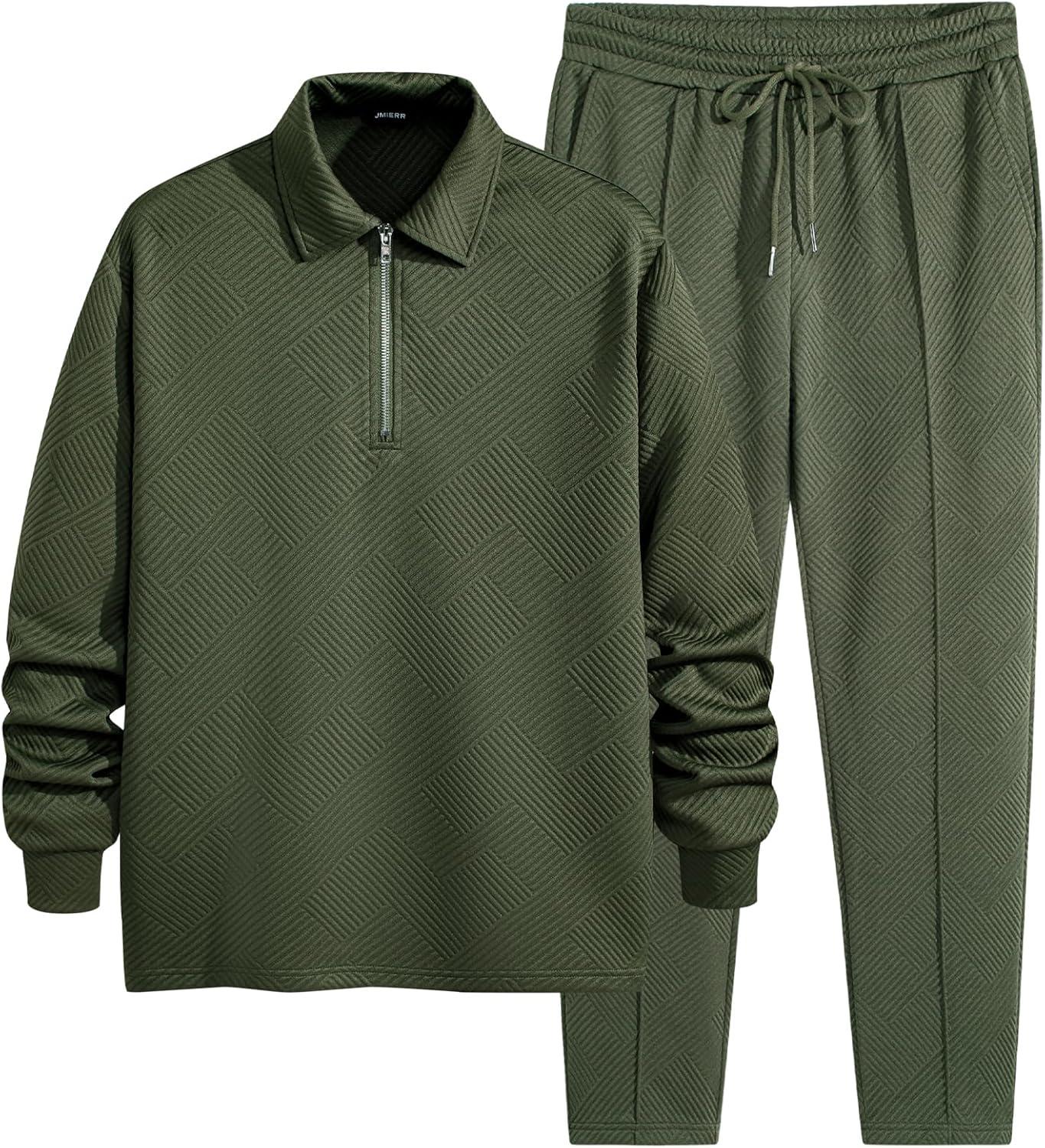 imageJMIERR Mens 2 Piece Outfits Quarter Zipper Polo Shirt Tracksuit ampamp Joggers Sweatpants Sweatsuit Sets JacquardGreen