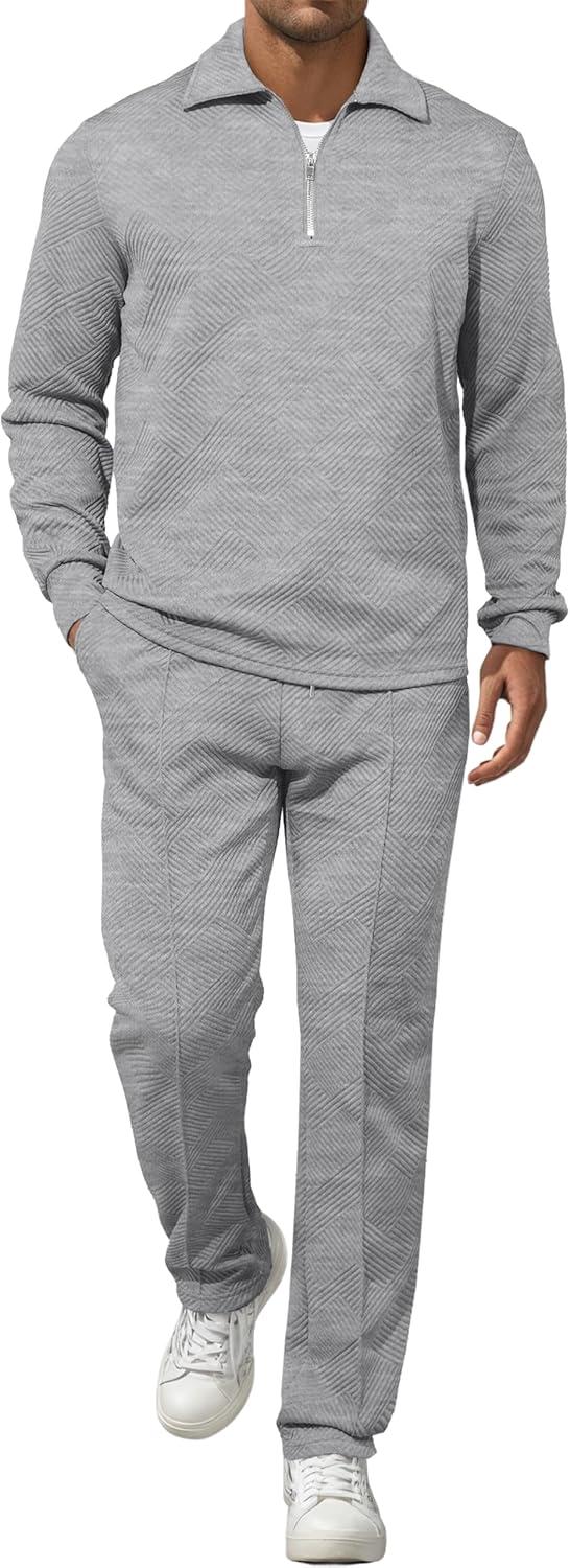 imageJMIERR Mens 2 Piece Outfits Quarter Zipper Polo Shirt Tracksuit ampamp Joggers Sweatpants Sweatsuit Sets JacquardGrey