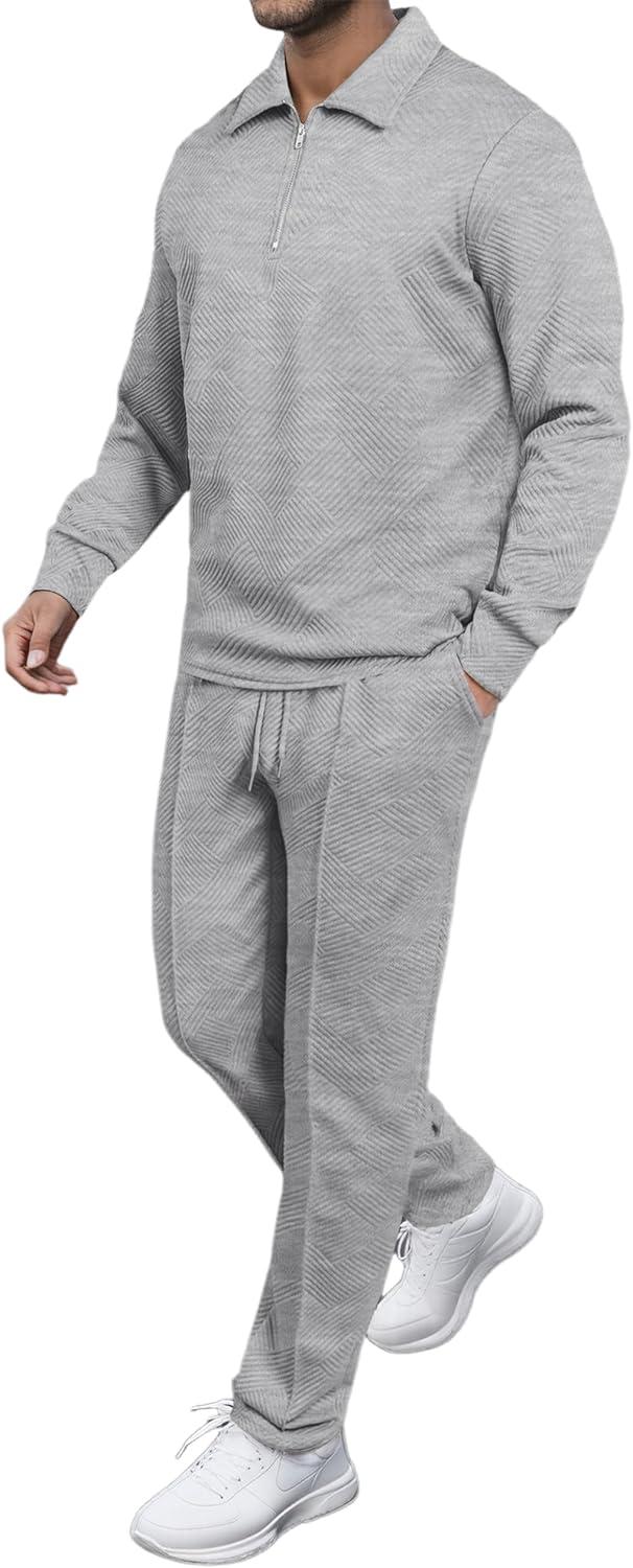 imageJMIERR Mens 2 Piece Outfits Quarter Zipper Polo Shirt Tracksuit ampamp Joggers Sweatpants Sweatsuit Sets JacquardGrey