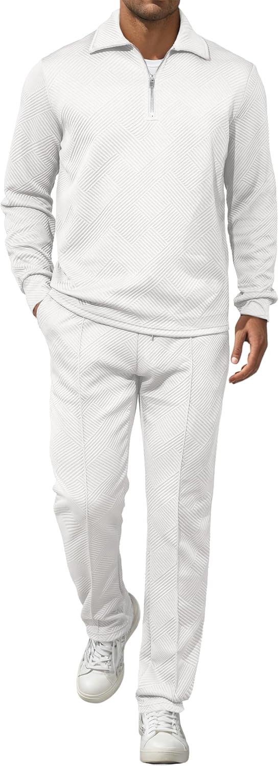 imageJMIERR Mens 2 Piece Outfits Quarter Zipper Polo Shirt Tracksuit ampamp Joggers Sweatpants Sweatsuit Sets JacquardWhite