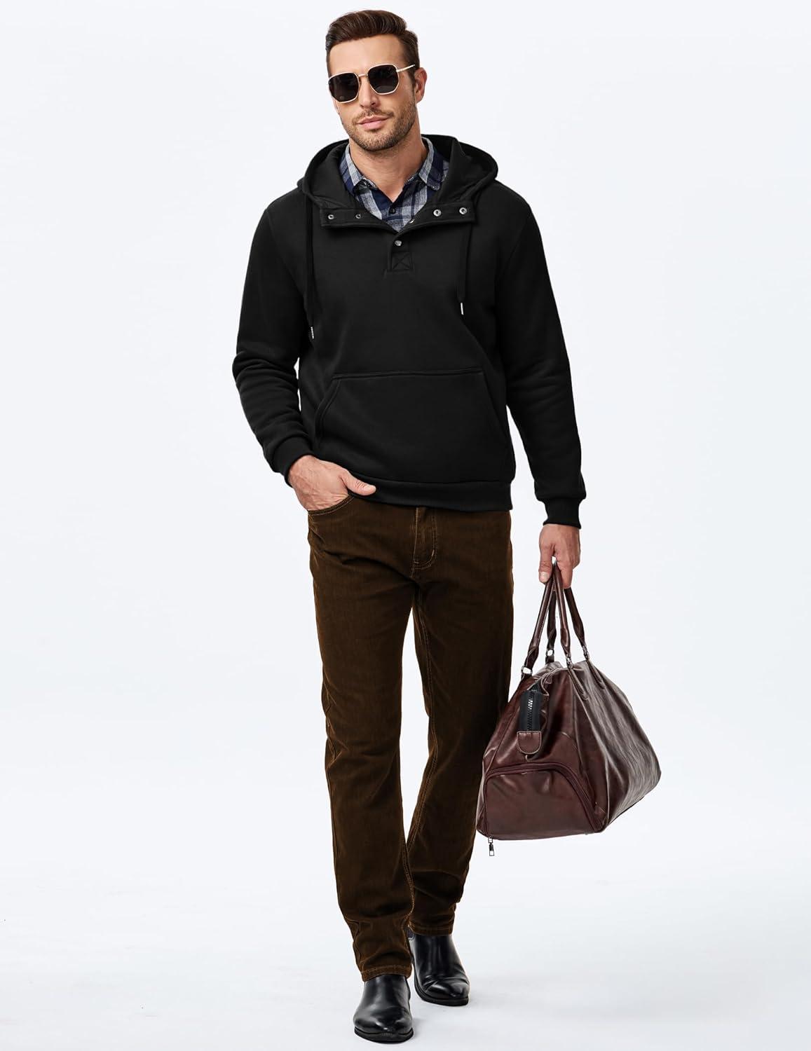 imageJMIERR Mens 2025 Casual Fahsion Fall Hoodie Pullover Quarter Drawstring Fleece Winter Button Hooded Shirt with Pocket0 Black