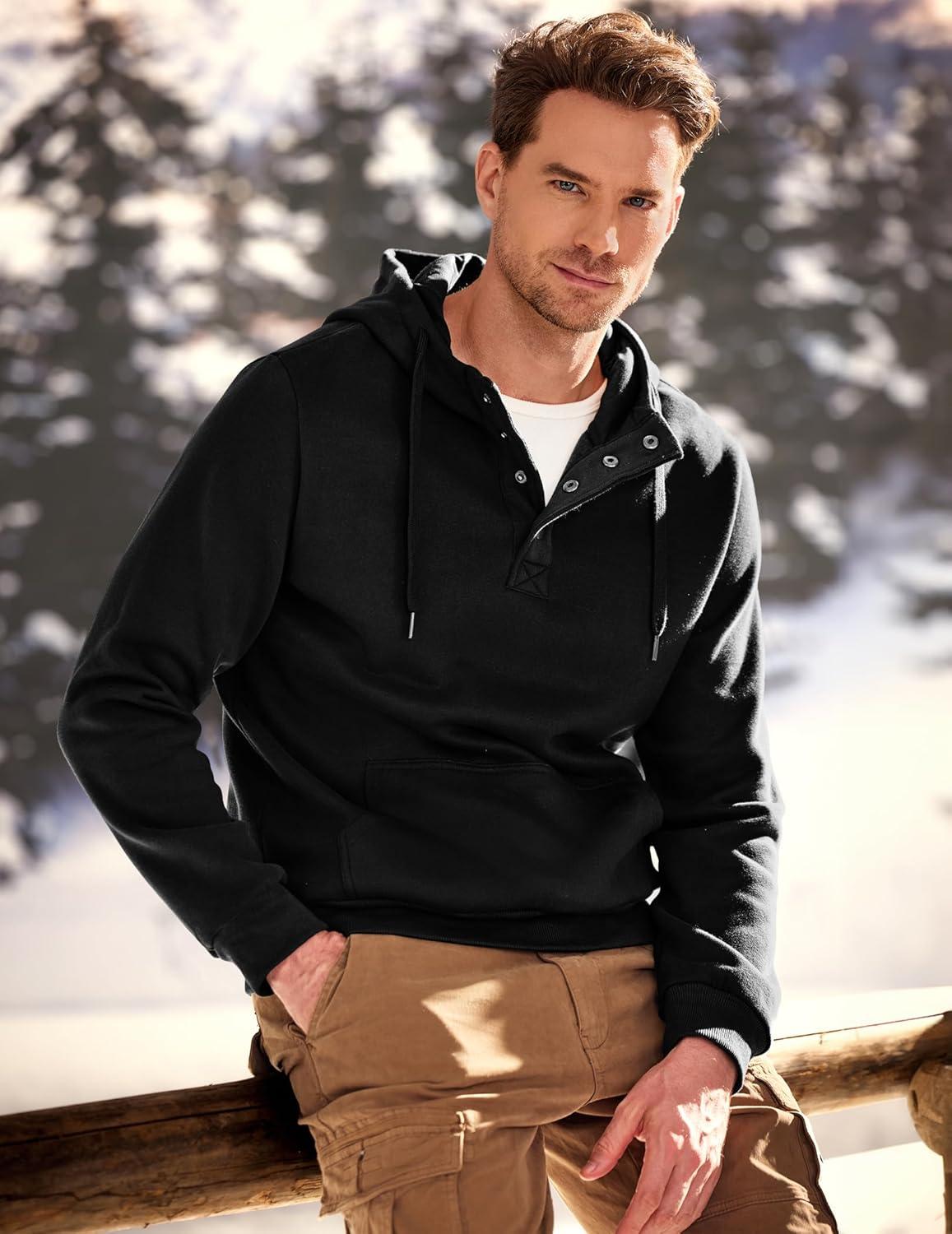 imageJMIERR Mens 2025 Casual Fahsion Fall Hoodie Pullover Quarter Drawstring Fleece Winter Button Hooded Shirt with Pocket0 Black