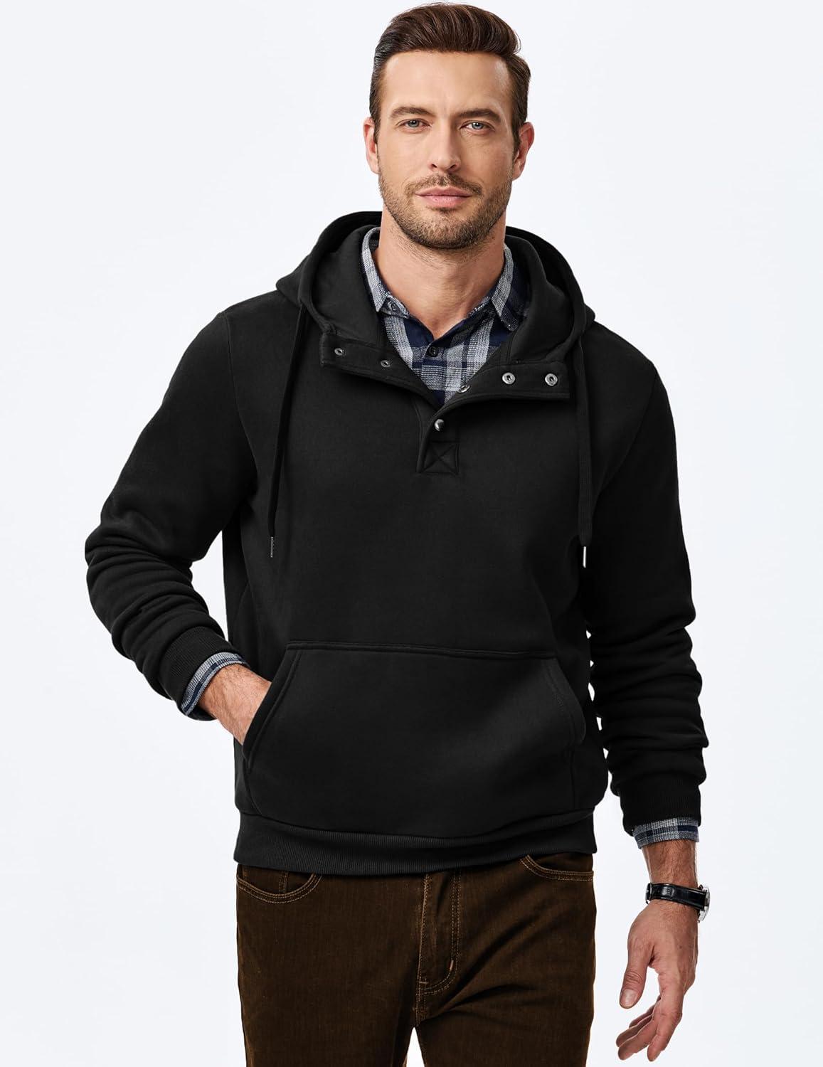 imageJMIERR Mens 2025 Casual Fahsion Fall Hoodie Pullover Quarter Drawstring Fleece Winter Button Hooded Shirt with Pocket0 Black