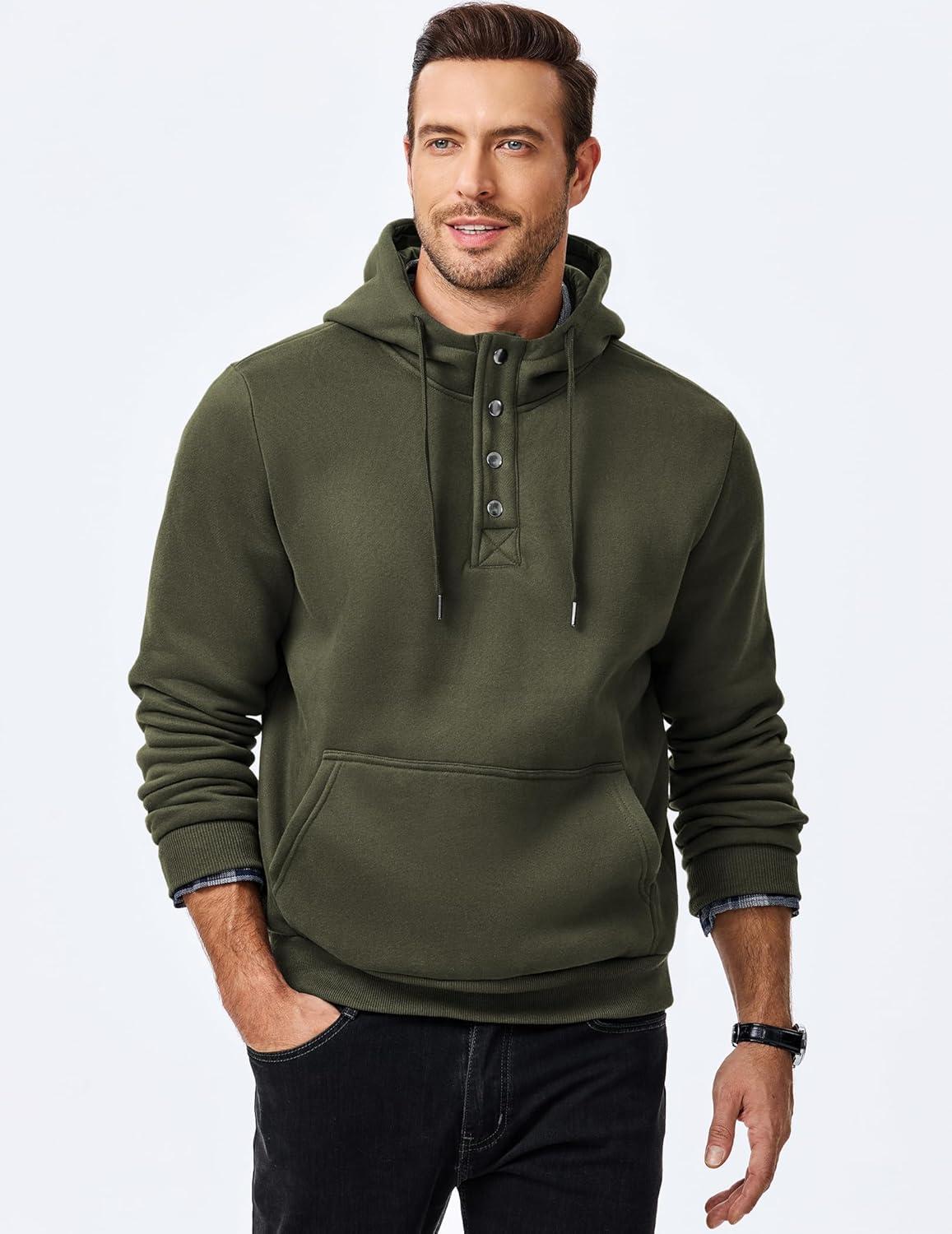 imageJMIERR Mens 2025 Casual Fahsion Fall Hoodie Pullover Quarter Drawstring Fleece Winter Button Hooded Shirt with PocketA Green