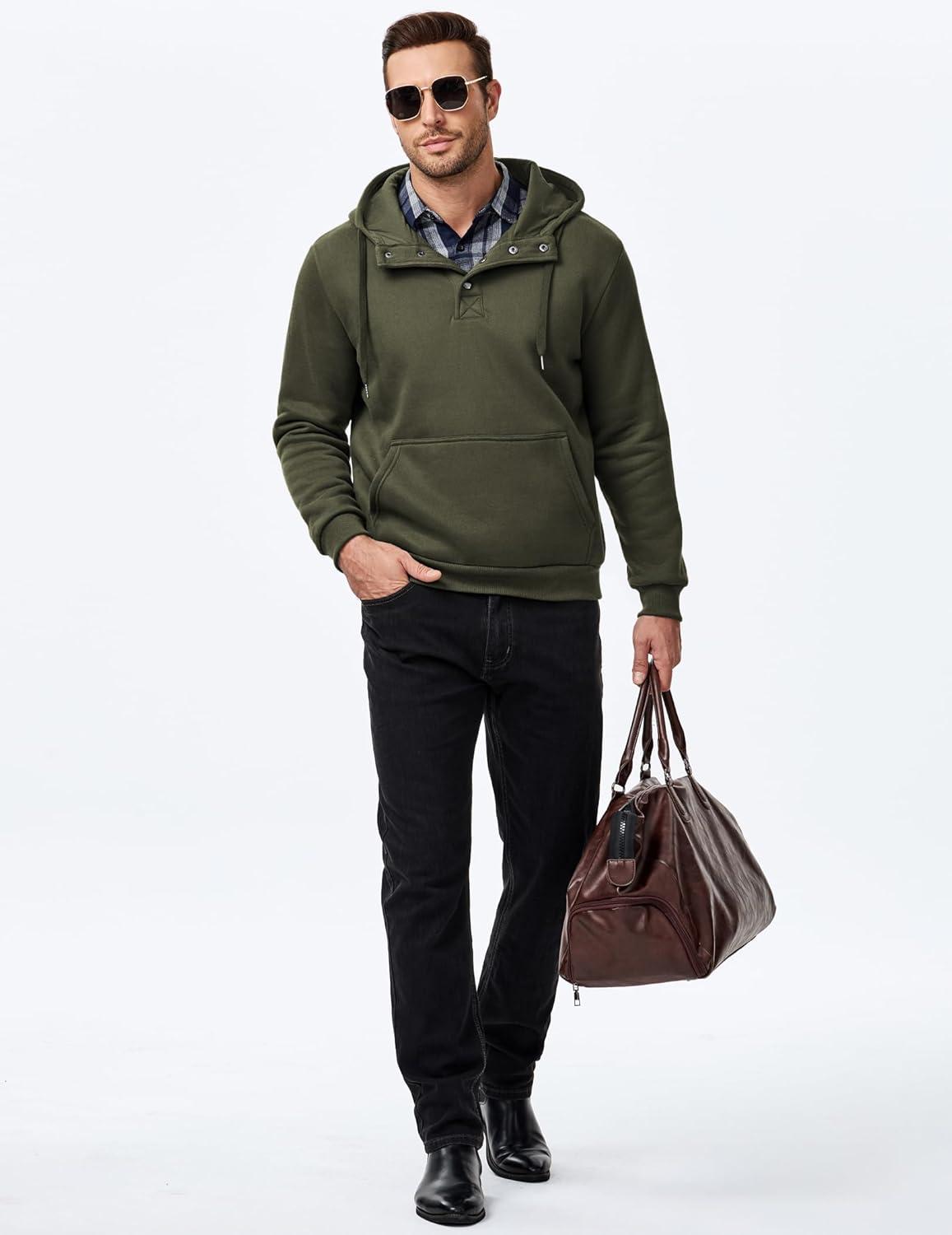 imageJMIERR Mens 2025 Casual Fahsion Fall Hoodie Pullover Quarter Drawstring Fleece Winter Button Hooded Shirt with PocketA Green