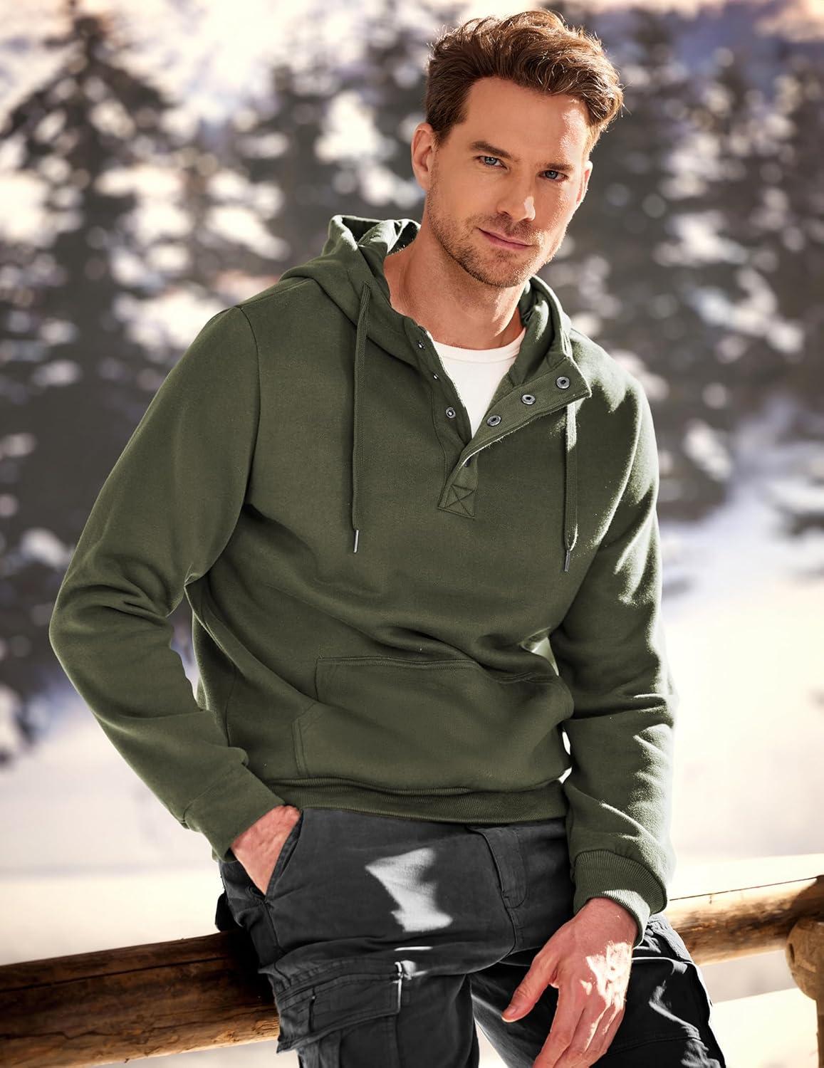 imageJMIERR Mens 2025 Casual Fahsion Fall Hoodie Pullover Quarter Drawstring Fleece Winter Button Hooded Shirt with PocketA Green