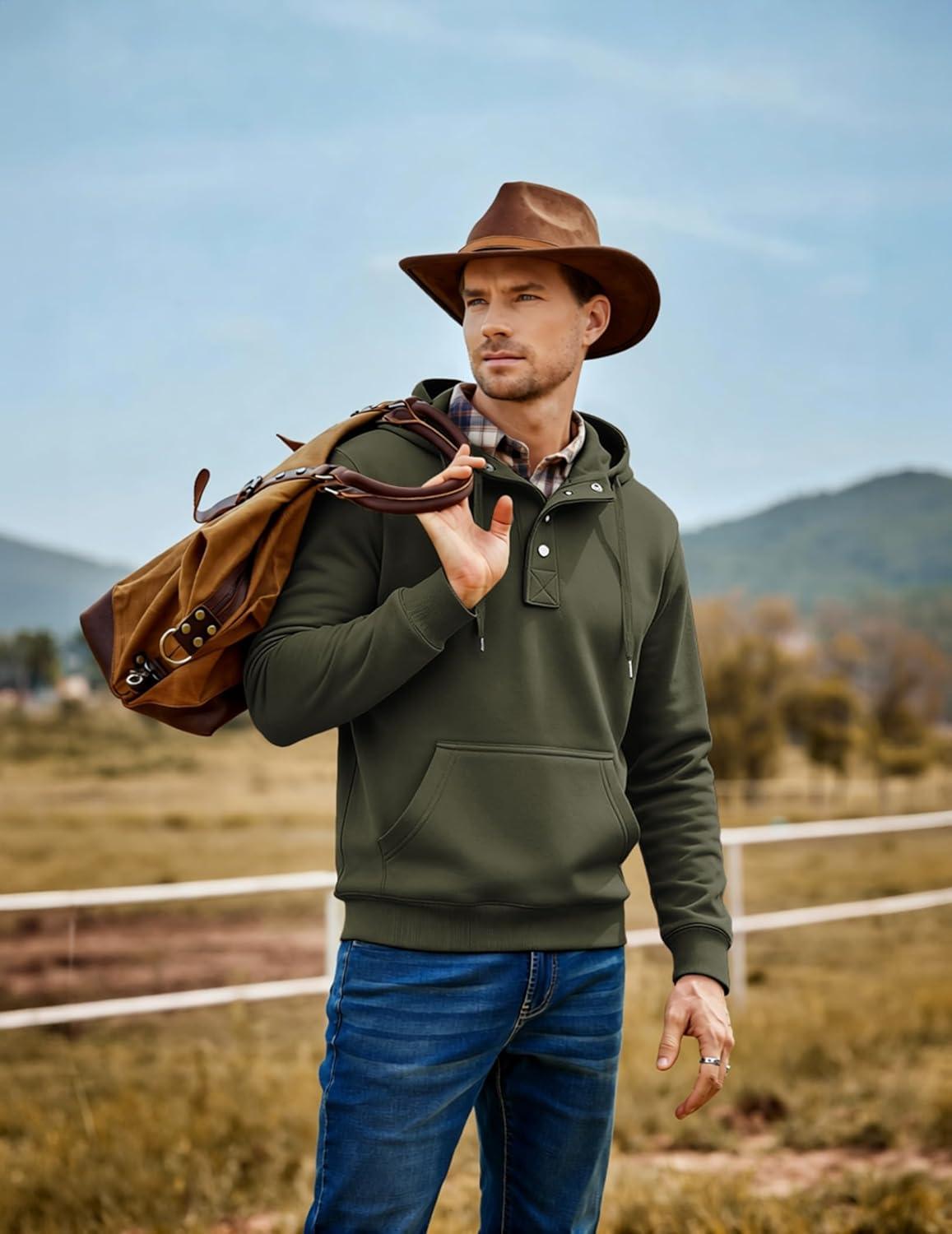 imageJMIERR Mens 2025 Casual Fahsion Fall Hoodie Pullover Quarter Drawstring Fleece Winter Button Hooded Shirt with PocketA Green