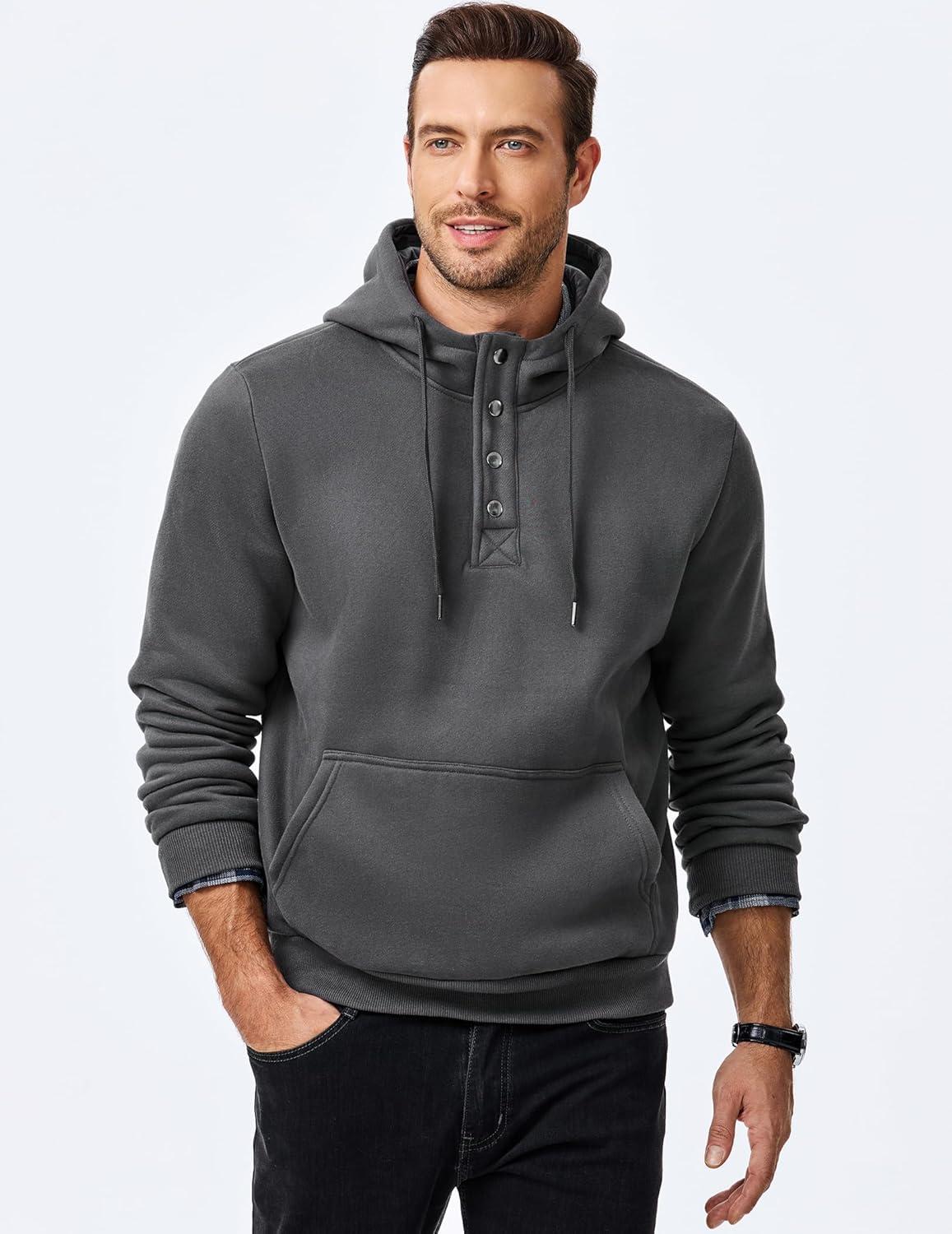 imageJMIERR Mens 2025 Casual Fahsion Fall Hoodie Pullover Quarter Drawstring Fleece Winter Button Hooded Shirt with PocketA Grey