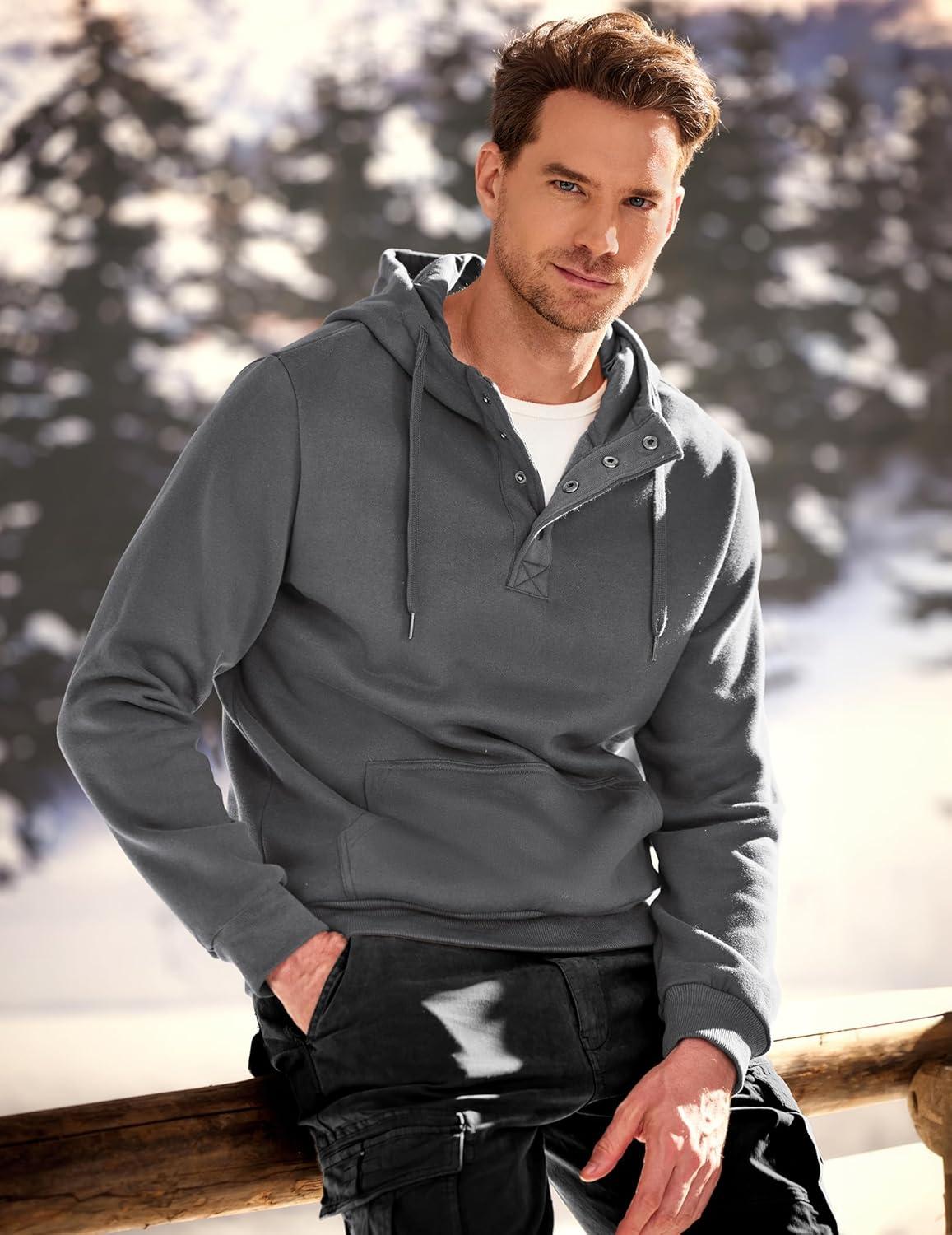 imageJMIERR Mens 2025 Casual Fahsion Fall Hoodie Pullover Quarter Drawstring Fleece Winter Button Hooded Shirt with PocketA Grey