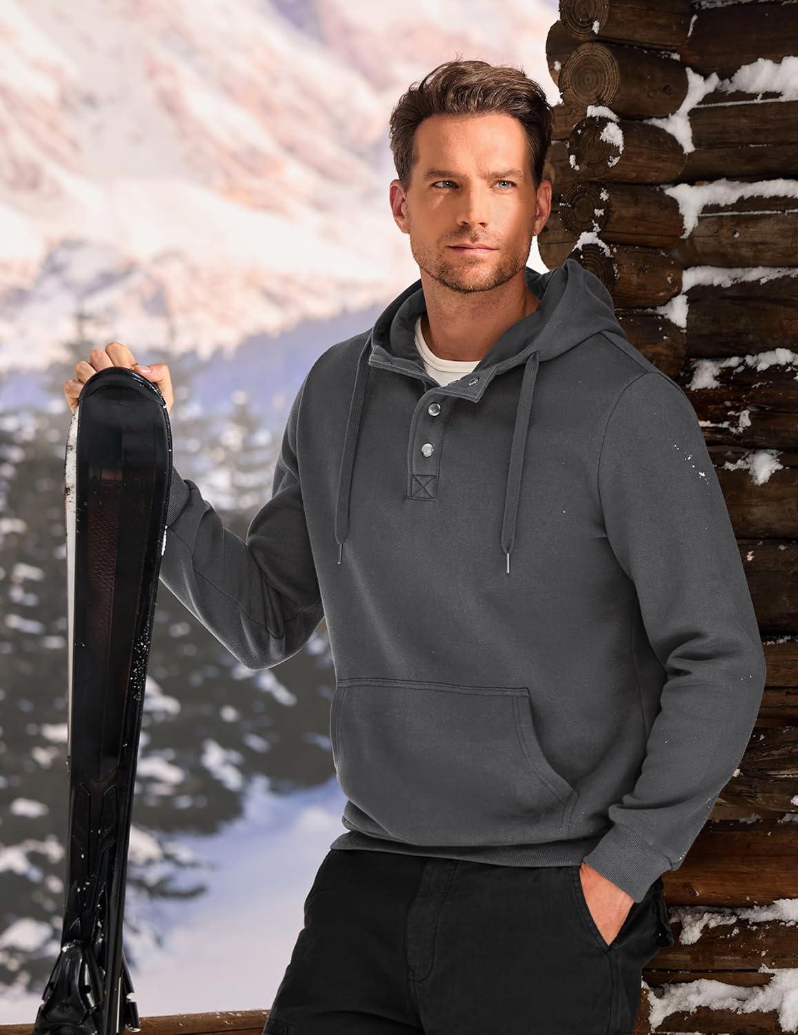 imageJMIERR Mens 2025 Casual Fahsion Fall Hoodie Pullover Quarter Drawstring Fleece Winter Button Hooded Shirt with PocketA Grey