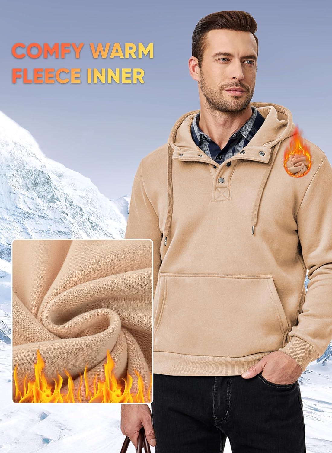 imageJMIERR Mens 2025 Casual Fahsion Fall Hoodie Pullover Quarter Drawstring Fleece Winter Button Hooded Shirt with PocketA Khaki