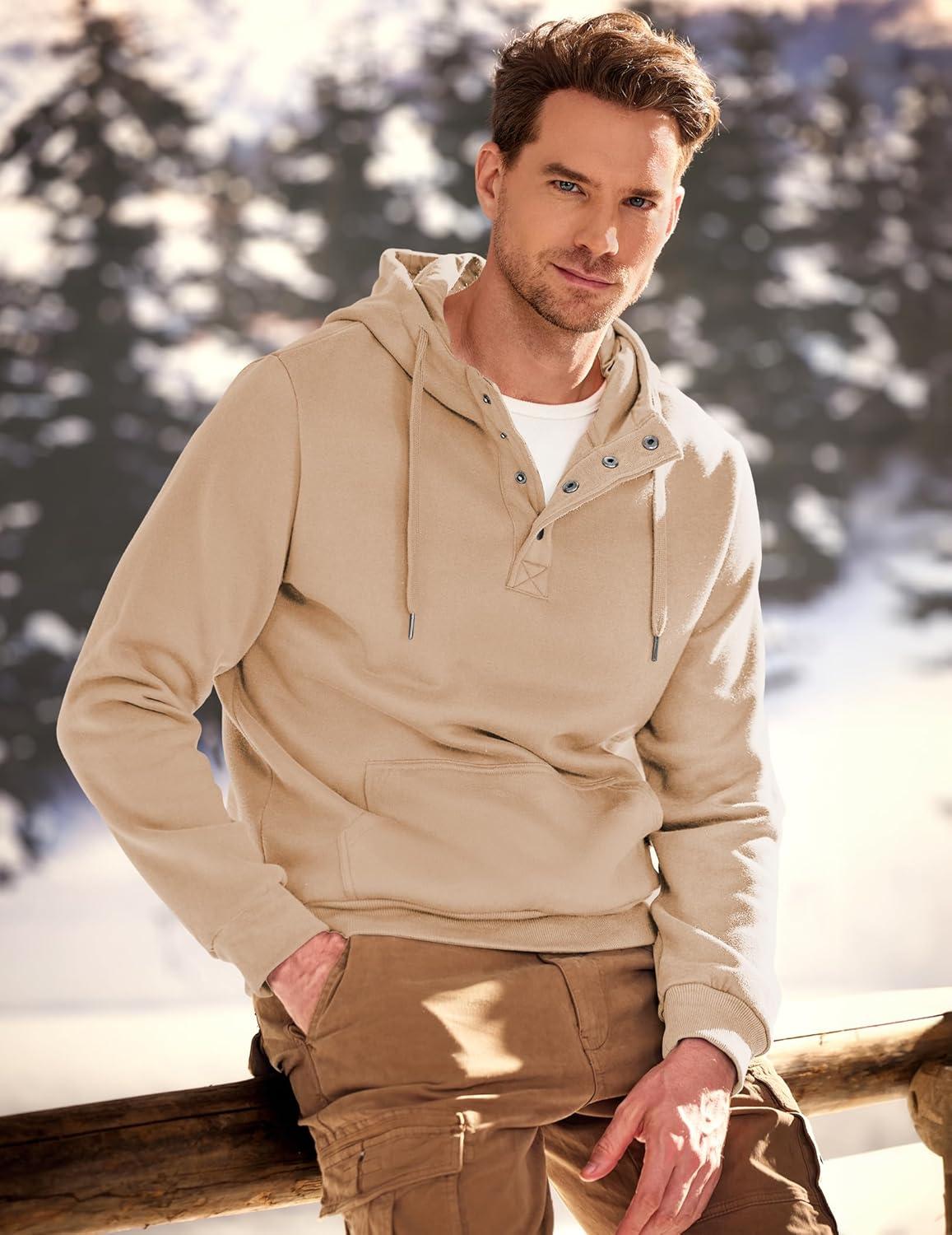 imageJMIERR Mens 2025 Casual Fahsion Fall Hoodie Pullover Quarter Drawstring Fleece Winter Button Hooded Shirt with PocketA Khaki