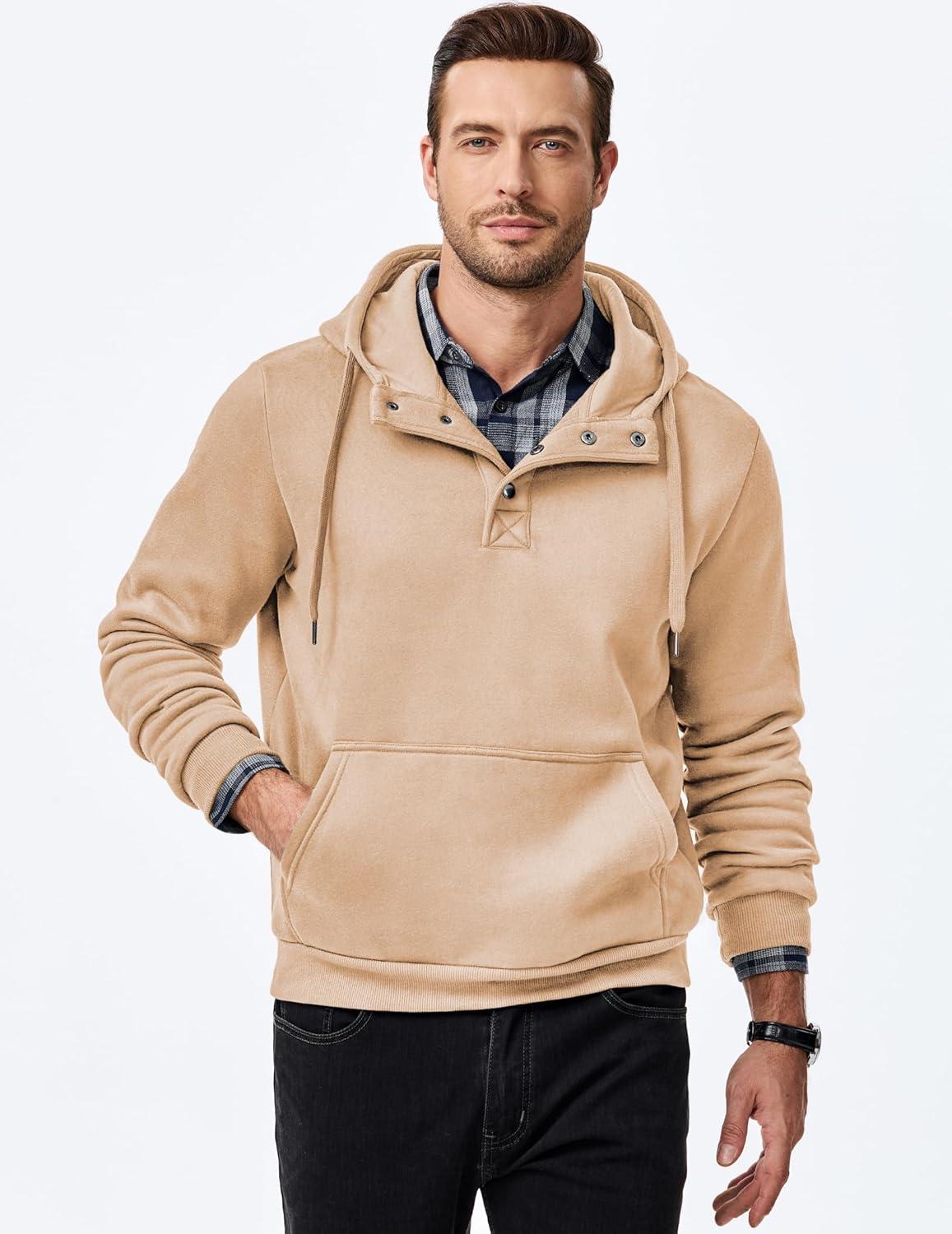 imageJMIERR Mens 2025 Casual Fahsion Fall Hoodie Pullover Quarter Drawstring Fleece Winter Button Hooded Shirt with PocketA Khaki