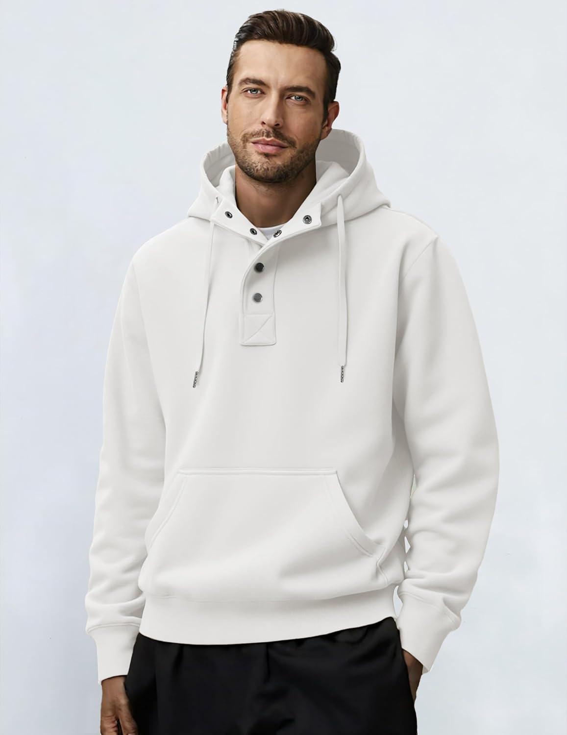 imageJMIERR Mens 2025 Casual Fahsion Fall Hoodie Pullover Quarter Drawstring Fleece Winter Button Hooded Shirt with PocketC White