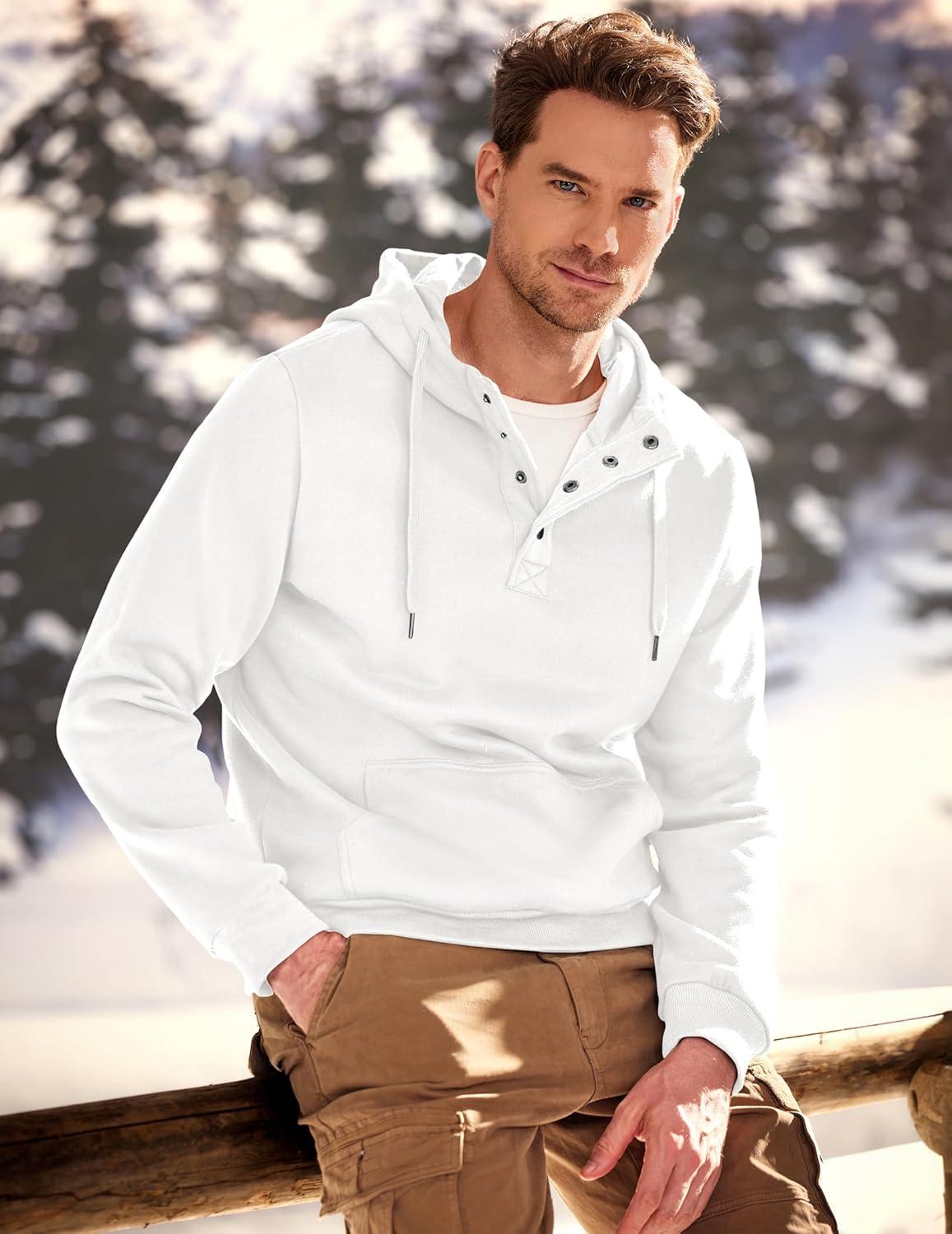 imageJMIERR Mens 2025 Casual Fahsion Fall Hoodie Pullover Quarter Drawstring Fleece Winter Button Hooded Shirt with PocketC White