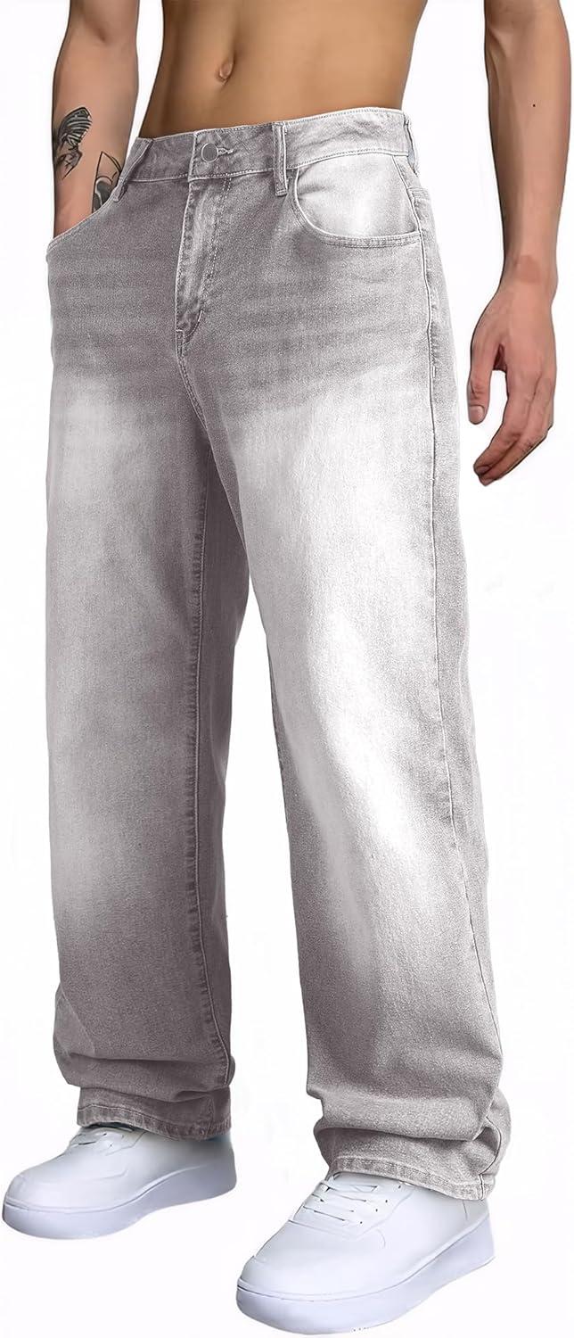 imageJMIERR Mens Baggy Jeans Wide Leg Skater Hip Hop Denim Pants Y2K Vintage Loose Fit StreetwearLight Grey