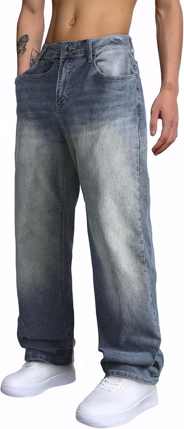 imageJMIERR Mens Baggy Jeans Wide Leg Skater Hip Hop Denim Pants Y2K Vintage Loose Fit StreetwearRetro Blue