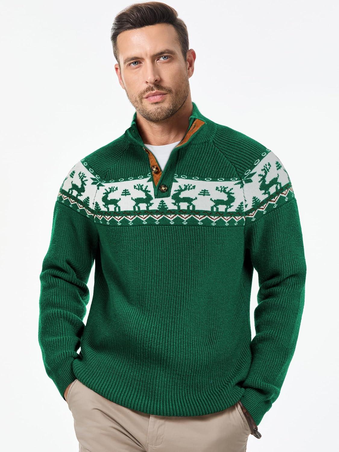 imageJMIERR Mens Cable Knit Pullover Sweater Casual Long Sleeve Stand Collar Button Knitted SweatersXmas Green Reindeer