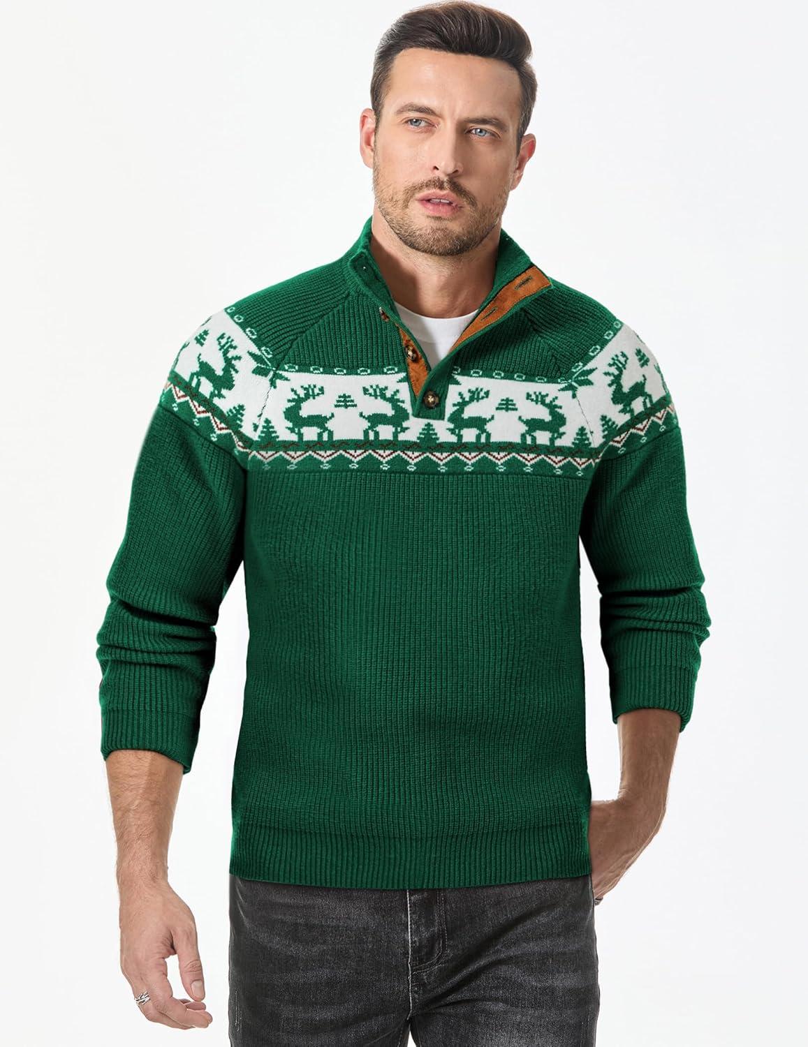 imageJMIERR Mens Cable Knit Pullover Sweater Casual Long Sleeve Stand Collar Button Knitted SweatersXmas Green Reindeer