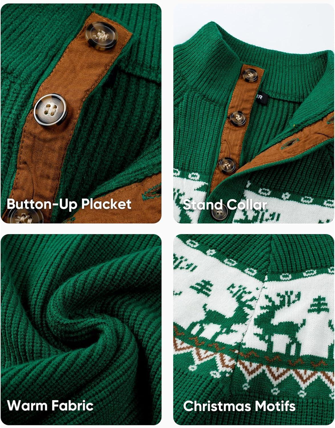 imageJMIERR Mens Cable Knit Pullover Sweater Casual Long Sleeve Stand Collar Button Knitted SweatersXmas Green Reindeer