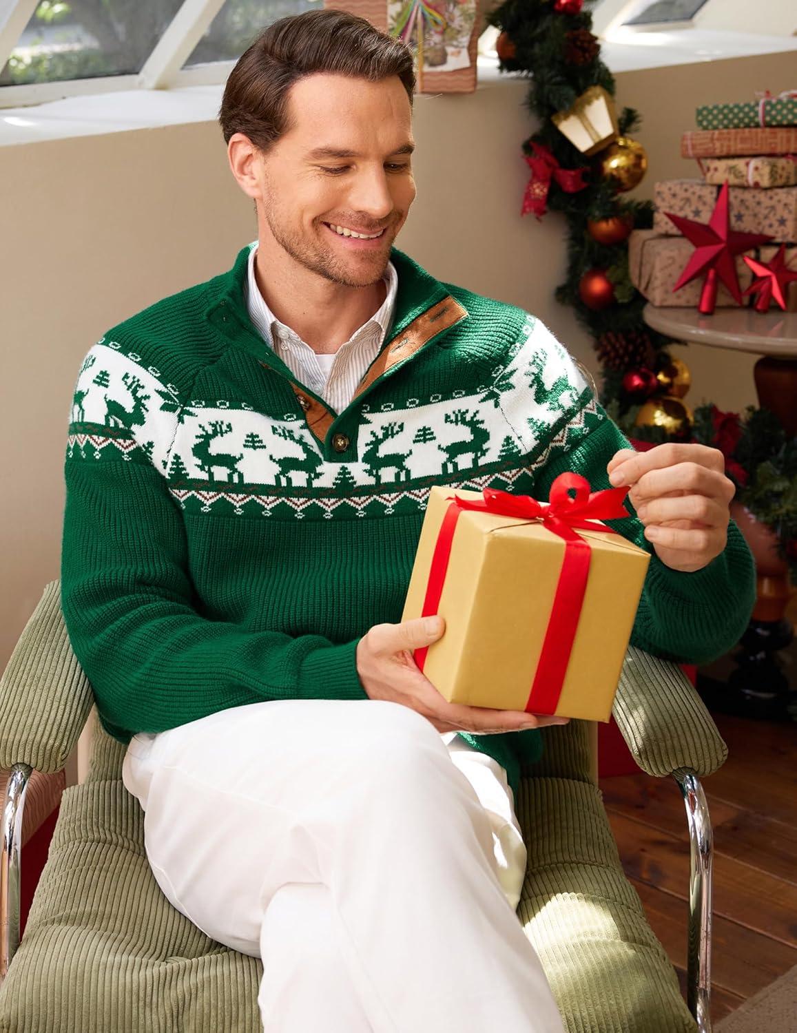 imageJMIERR Mens Cable Knit Pullover Sweater Casual Long Sleeve Stand Collar Button Knitted SweatersXmas Green Reindeer