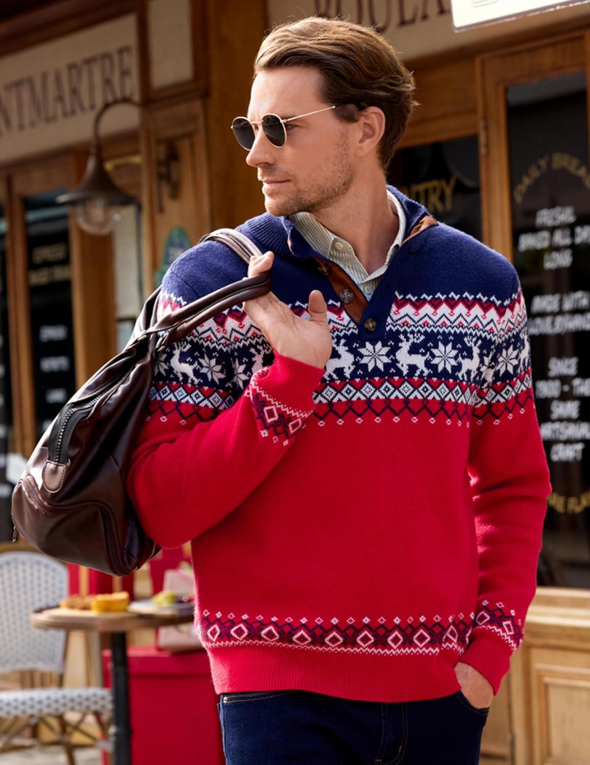 imageJMIERR Mens Cable Knit Pullover Sweater Casual Long Sleeve Stand Collar Button Knitted SweatersXmas Red Reindeer