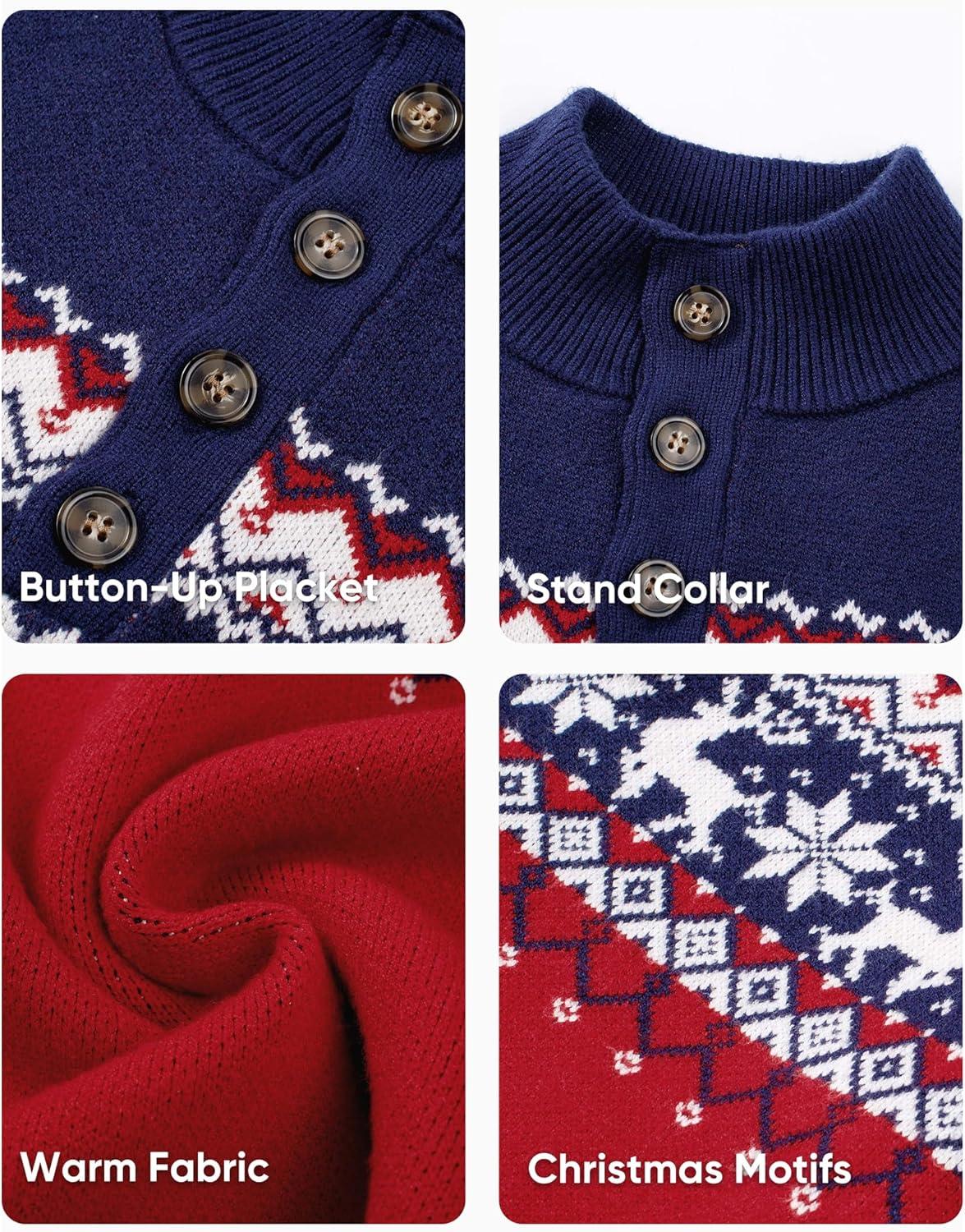 imageJMIERR Mens Cable Knit Pullover Sweater Casual Long Sleeve Stand Collar Button Knitted SweatersXmas Red Reindeer