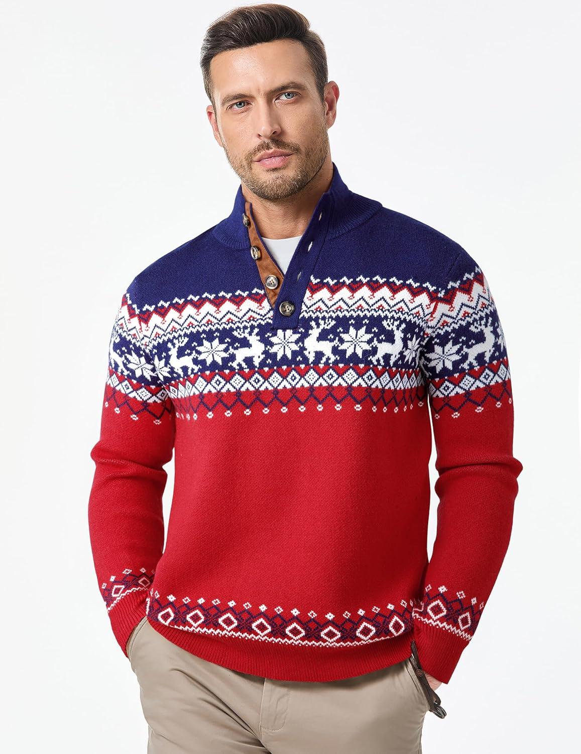imageJMIERR Mens Cable Knit Pullover Sweater Casual Long Sleeve Stand Collar Button Knitted SweatersXmas Red Reindeer