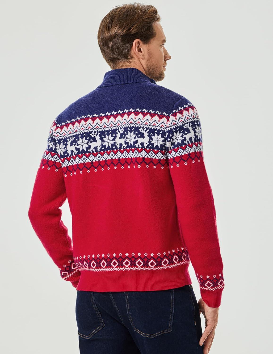 imageJMIERR Mens Cable Knit Pullover Sweater Casual Long Sleeve Stand Collar Button Knitted SweatersXmas Red Reindeer