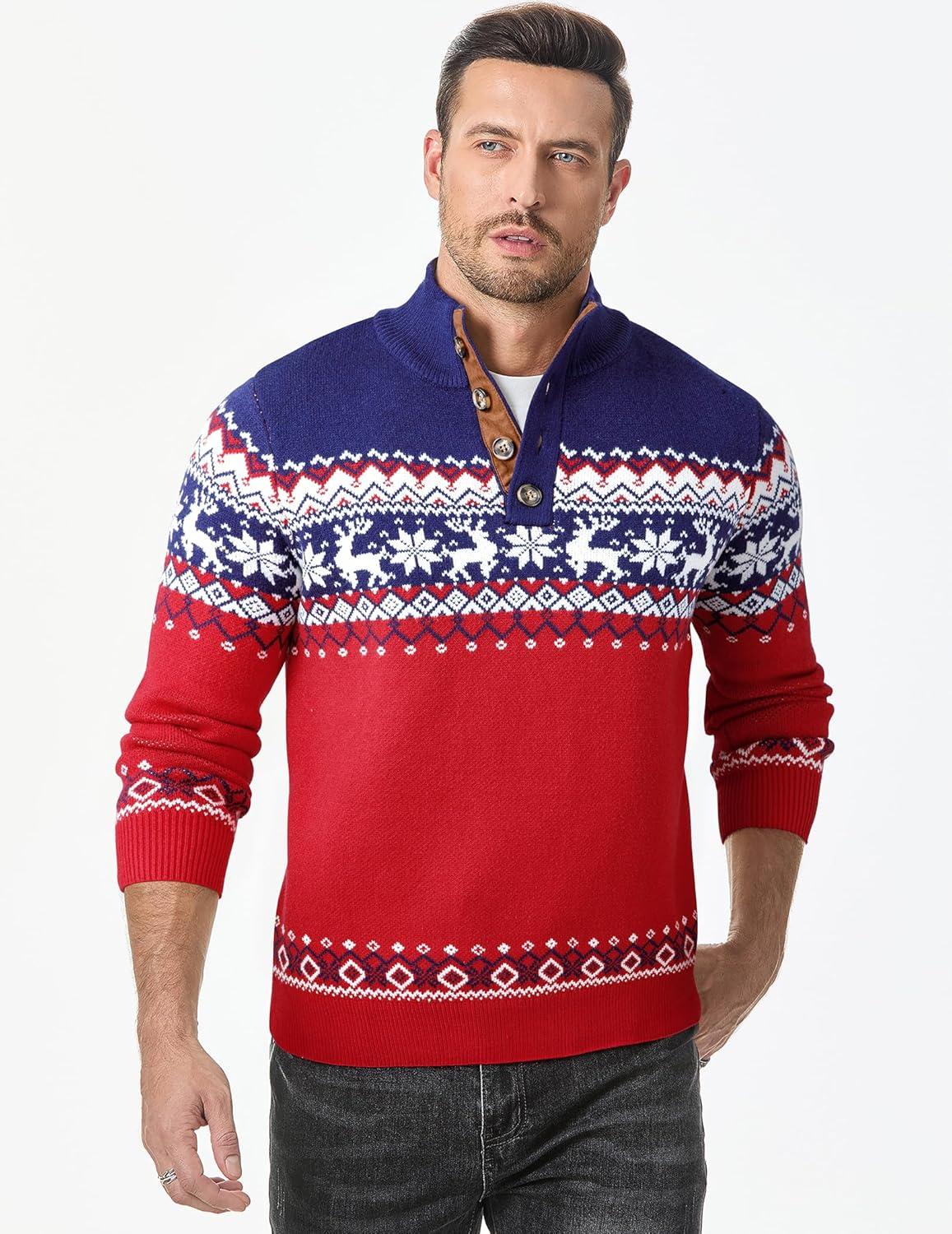 imageJMIERR Mens Cable Knit Pullover Sweater Casual Long Sleeve Stand Collar Button Knitted SweatersXmas Red Reindeer