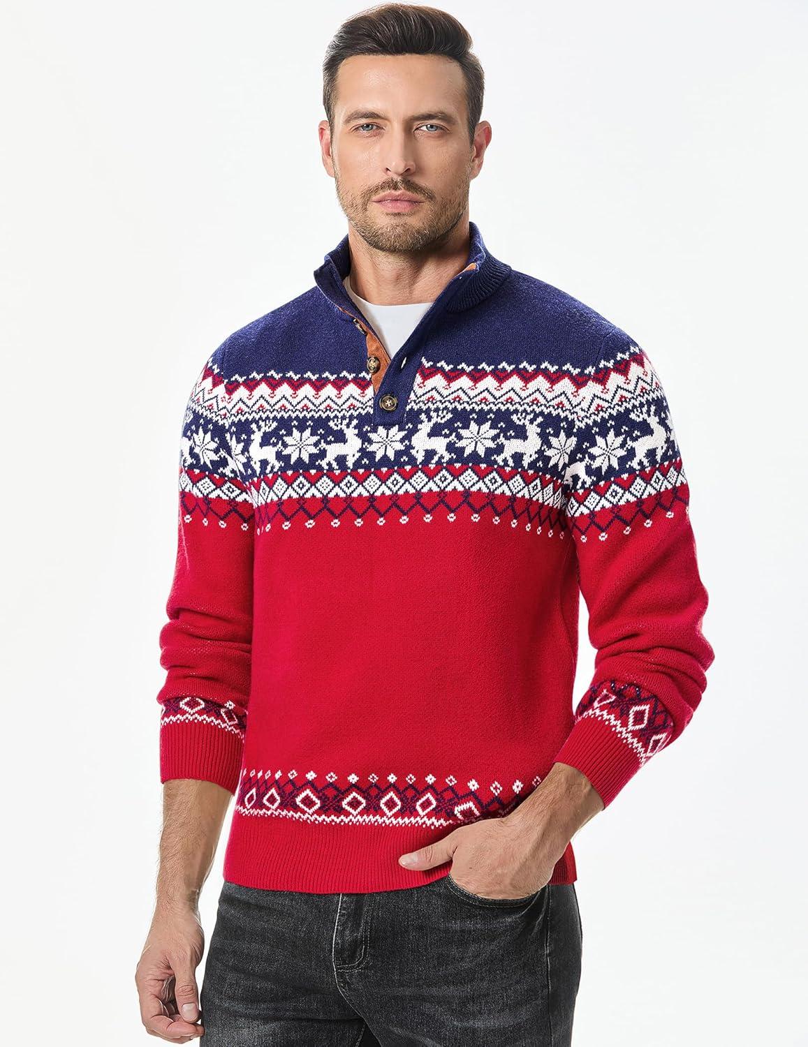 imageJMIERR Mens Cable Knit Pullover Sweater Casual Long Sleeve Stand Collar Button Knitted SweatersXmas Red Reindeer