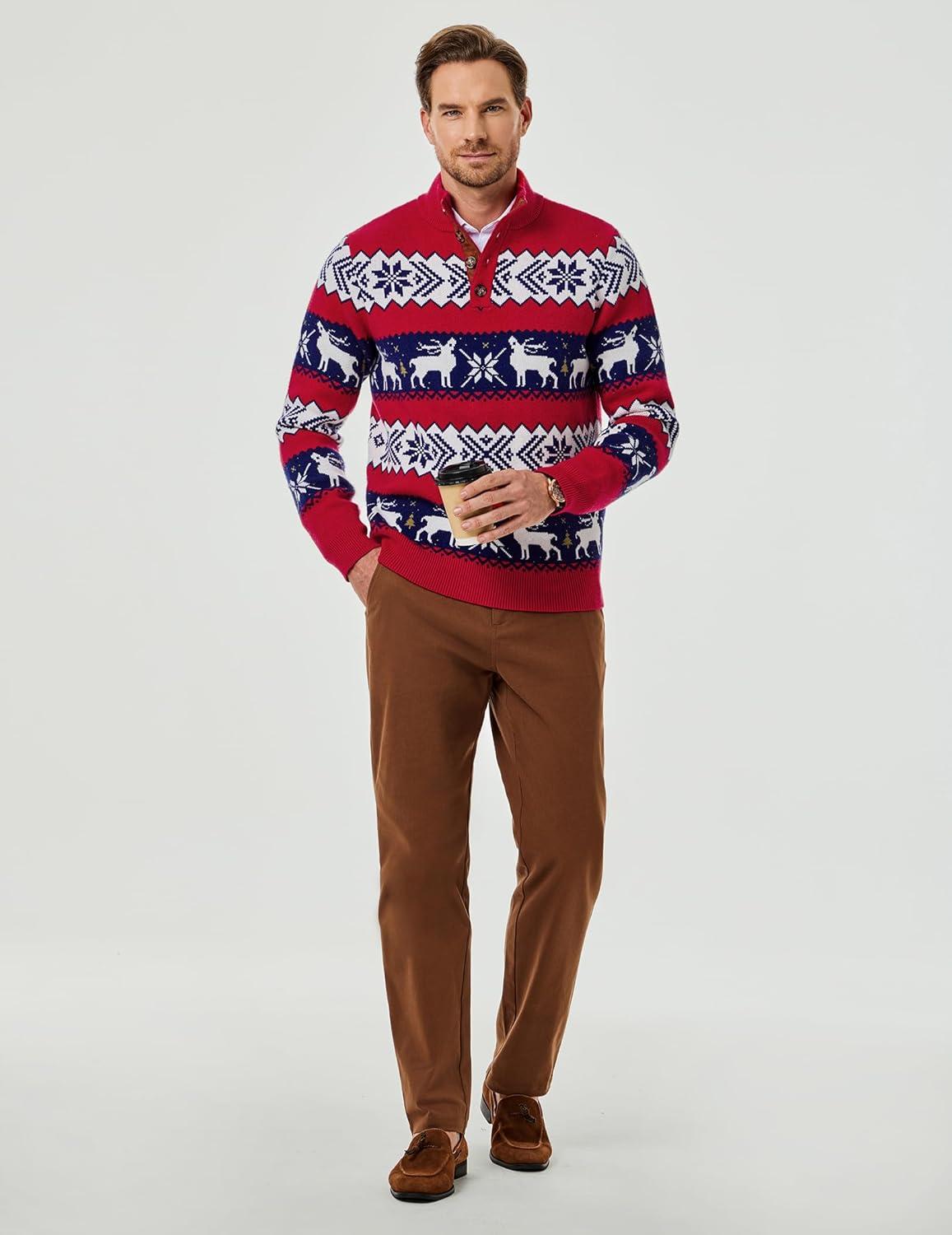 imageJMIERR Mens Cable Knit Pullover Sweater Casual Long Sleeve Stand Collar Button Knitted SweatersXmas Red2 Reindeer