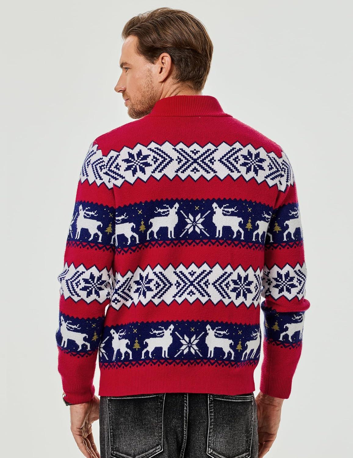 imageJMIERR Mens Cable Knit Pullover Sweater Casual Long Sleeve Stand Collar Button Knitted SweatersXmas Red2 Reindeer